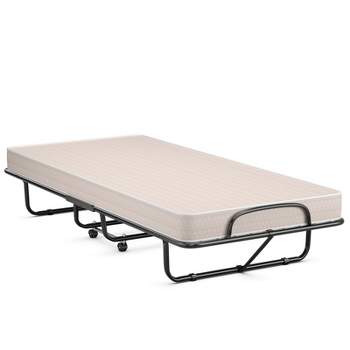 Tangkula Folding Bed Frame Portable Guest Bed with Wheels & Thick Memory Foam for Spare Bedroom Office Beige Made in Italy