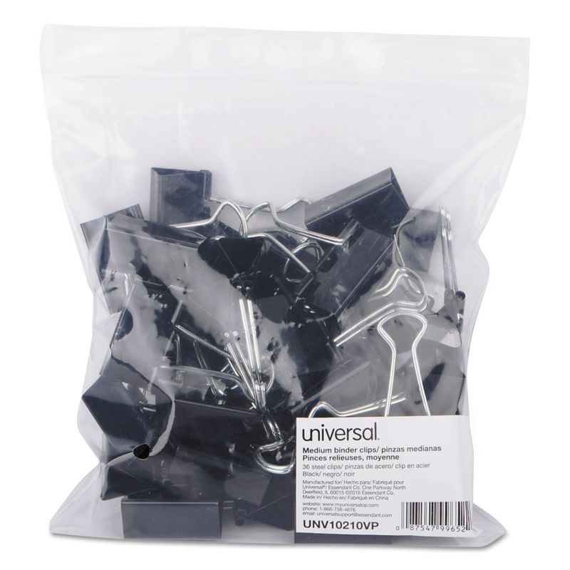 UNIVERSAL Medium Binder Clips Zip-Seal Bag 5/8" Capacity 1 1/4" Wide Black 36/Bag 10210VP, 1 of 6