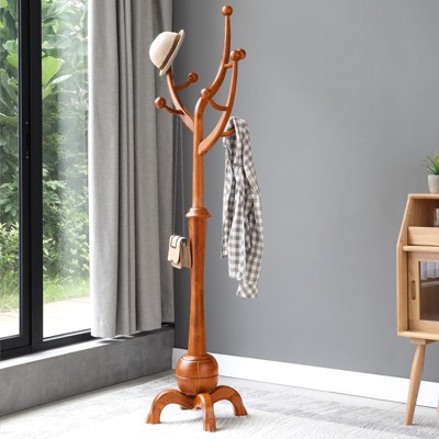 Bekrvio Coat Rack Freestanding Wood Tree Rack with 8 Hooks, Creative Design Tree Branch-look with Stable Sphere Base - Load 160lbs, Teak
