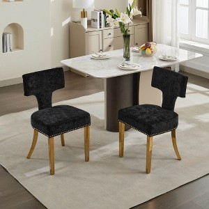 Vynxaria Set of 2 Mid Century Modern Dining Chairs, Black Chenille Upholstered with Copper Nails, Golden Stainless Steel Plated Legs - 1 of 4