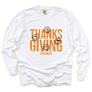 S.W.Smiley Thanksgiving Distressed - Women's Garment Dyed Long Sleeve Graphic T-Shirt - 1 of 4