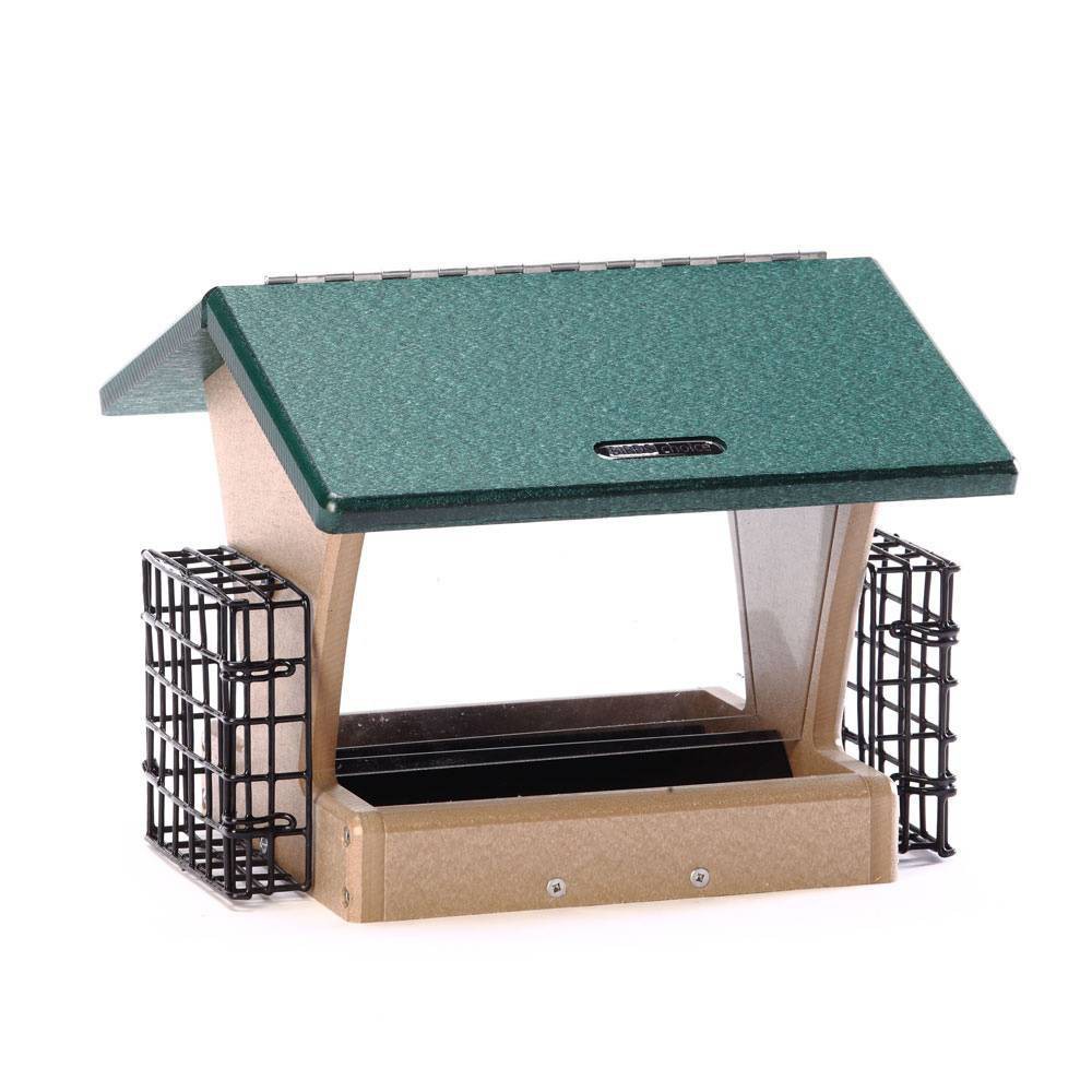 Birds Choice Medium Hopper & Suet Cages Novelty Bird Feeder 10" Taupe & Green: Recycled Plastic, Weather-UV Resistant