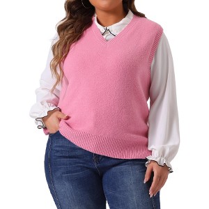 Agnes Orinda Women's Plus Size V Neck Knit Solid Classic Sleeveless Pullover Sweater Vest - 1 of 4