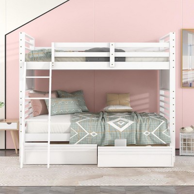 NicBex Twin over Twin Bunk Bed Convertible Pine Bed Frame with 2 Drawers, Full Length Guardrail and Inclined Ladder, No Box Spring Required