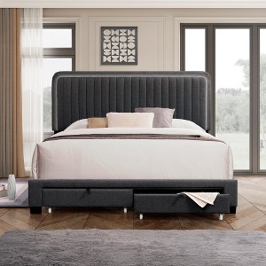 Queen Size Upholstered Bed Frame with 2 Drawers 43.5''/ 47.5''Adjustable Tufted Headboard Queen Bed Frame with Storage for Bedroom Gray One Size - 1 of 4