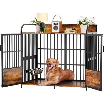 MaseiKar Dog Crate Furniture, Indoor Large Kennel with 2 Adjustable Bowls, Heavy Duty XL Large Kennel Brown 48" L X 30" W X 45" H