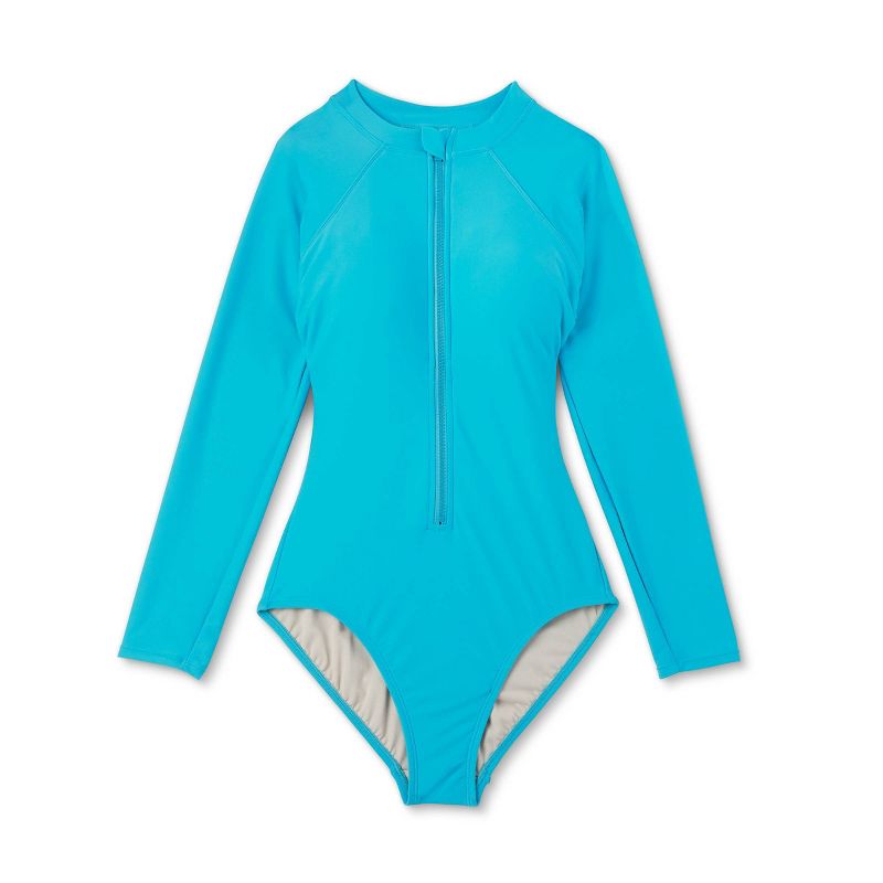 Women's Long Sleeve Rash Guard High Coverage One Piece Swimsuit - Kona Sol™ Blue, 6 of 17
