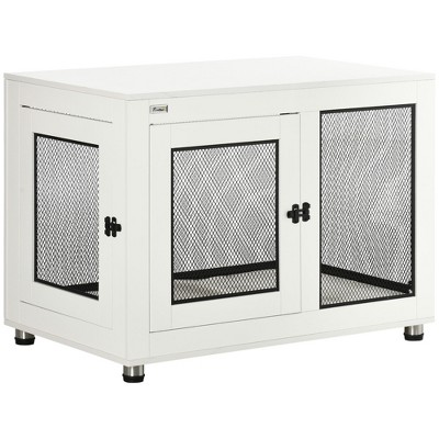 PawHut Dog Crate Furniture, 37 Dog Kennel Furniture w/ Water-Resistant Cushion, Double Doors for Large Dogs, Dog Crate End Table for Indoor Use, White
