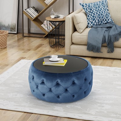 NicBex Ottoman Foot Rest with Button-Tufted Stitching Stylish Round Upholstered Velvet Ottoman withTempered Glass Top for Bedroom, Living Room