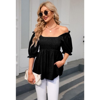 YesFashion Women's Summer Short Sleeve Smocked Peplum Blouses Square Neck Ruffle Hem Babydoll Tunic Crop Tops