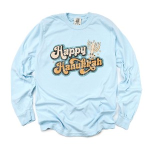 Simply Sage Market Women's Retro Happy Hanukkah Distressed Long Sleeve Garment Dyed Tee - 1 of 3