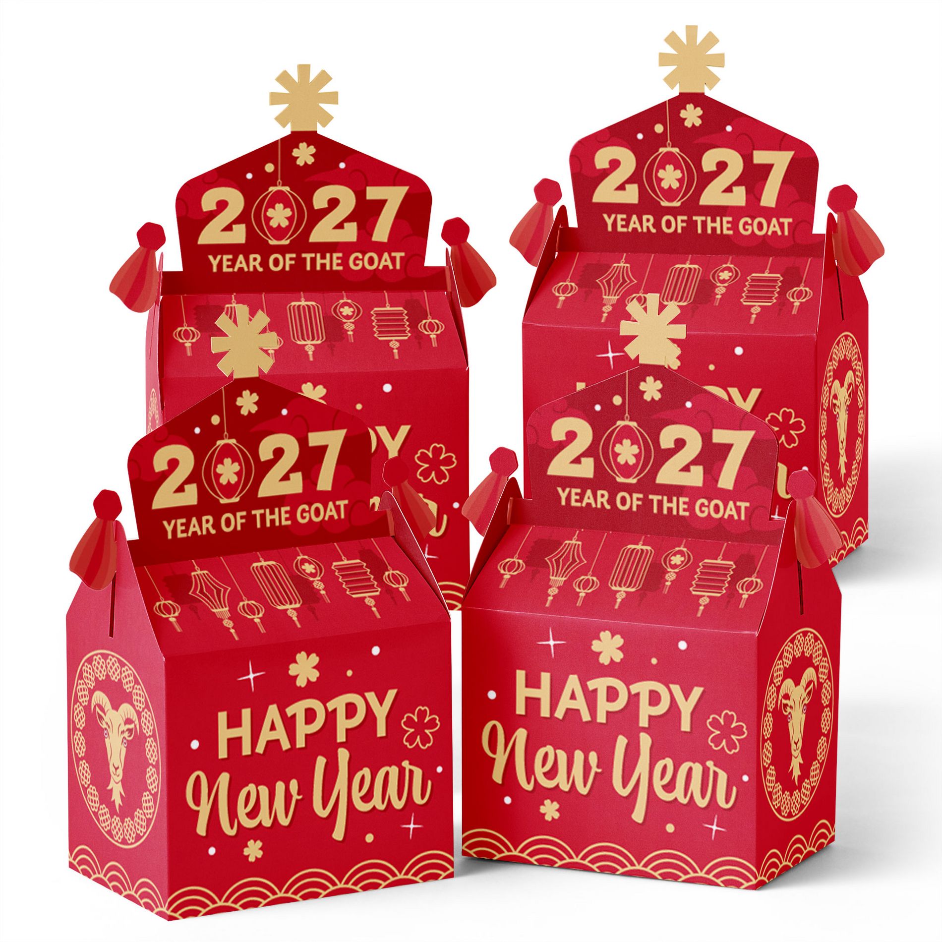 Big Dot of Happiness Lunar New Year - Treat Box Party Favors - 2027 Year of the Goat Goodie Gable Boxes - Set of 12