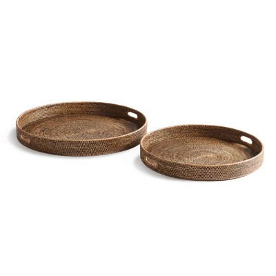 Plum & Post Burma Rattan Round Ottoman Decorative Trays Large Set of 2