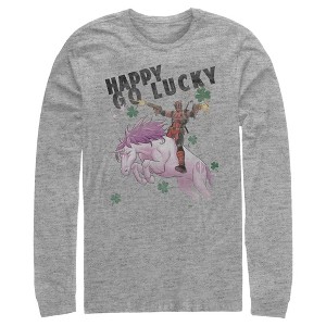 Men's Marvel Deadpool St. Patrick's Day Happy Go Lucky Unicorn Long Sleeve Shirt - 1 of 4