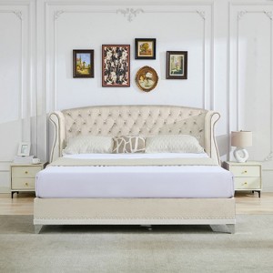 Christopher Knight Home Nathan Velvet Tufted Platform Bed with Wingback Headboard and Nailhead Trim - 1 of 4