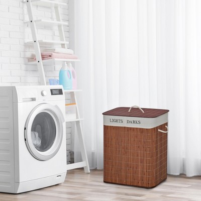 Brown Bamboo Collapsible Laundry Hamper with Lid and Sorter