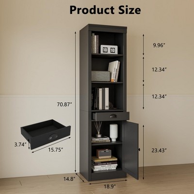 Product size diagram showing dimensions of tall bookcase and drawer tray
