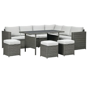 Wicker Outdoor Patio Furniture Set, L-Shaped 7 Piece Outdoor Dining Sectional Sofa with Dining Table and Chair, Storage Loveseat, Ottomans - 1 of 4