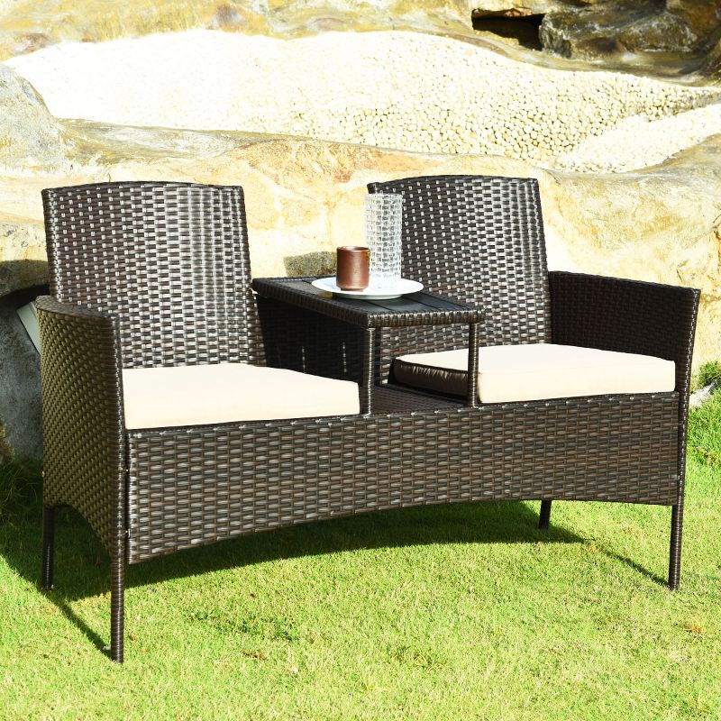 Costway Patented Patio Rattan Chat Set Loveseat Sofa Table Chairs Conversation Cushioned, 3 of 12