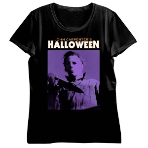 John Carpenter's Halloween Purple Michael Myers V-Neck Short Sleeve Women's Black T-shirt - 1 of 2