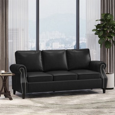 Modern Faux Leather Sofa Couch With Nailhead Trim, Comfy Upholstered 3-Seater Sofa Couch With Rolled Armrest, Birchwood Legs Supports
