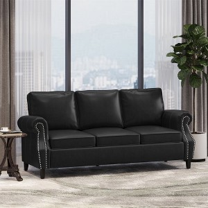 Modern Faux Leather Sofa Couch With Nailhead Trim, Comfy Upholstered 3-Seater Sofa Couch With Rolled Armrest, Birchwood Legs Supports - 1 of 4