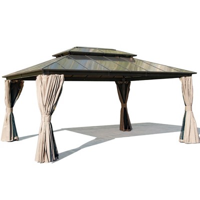 Gloweer Outdoor Hardtop Aluminum Gazebo Permanent with Polycarbonate Double Roof, with Curtain and Net
