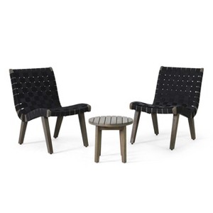 GDFStudio Ocilla Outdoor Acacia Wood and Rope Weave 3 Piece Chat Set, Black/Gray - 1 of 4