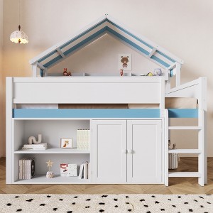 Full Size Loft Bed with House Canopy Roof, Storage Cabinet & Shelves - ModernLuxe - 1 of 4