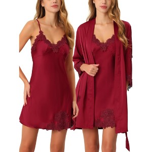 cheibear Women's Satin Silky Lounge Nightdress with Robe 2 Pcs Sleepwear Pajama Sets - 1 of 4