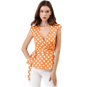 Allegra K Women's V Neck Sleeveless Self Tie Wrap Front Dotted Blouse - 1 of 4