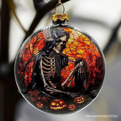 Haunting Stained Glass Skeleton and Raven Ornament