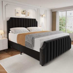 Acekool Velvet Upholstered Bed Frame with 50.2" Headboard & Footboard, Nailhead Trim, for Bedroom - 1 of 4