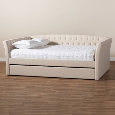 Beige Upholstered Full Daybed with Trundle and Tufted Design