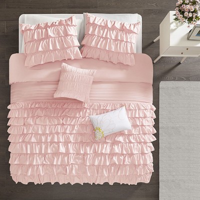 5 Pcs Elegant Ruffled Solid Comforter Set, Graceful All Season Home Textile for Lux Bedroom Decor