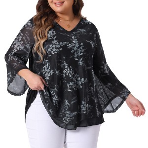 Agnes Orinda Women's Plus Size V Neck 3/4 Flared Sleeve Double Layers Mesh Blouses - 1 of 4