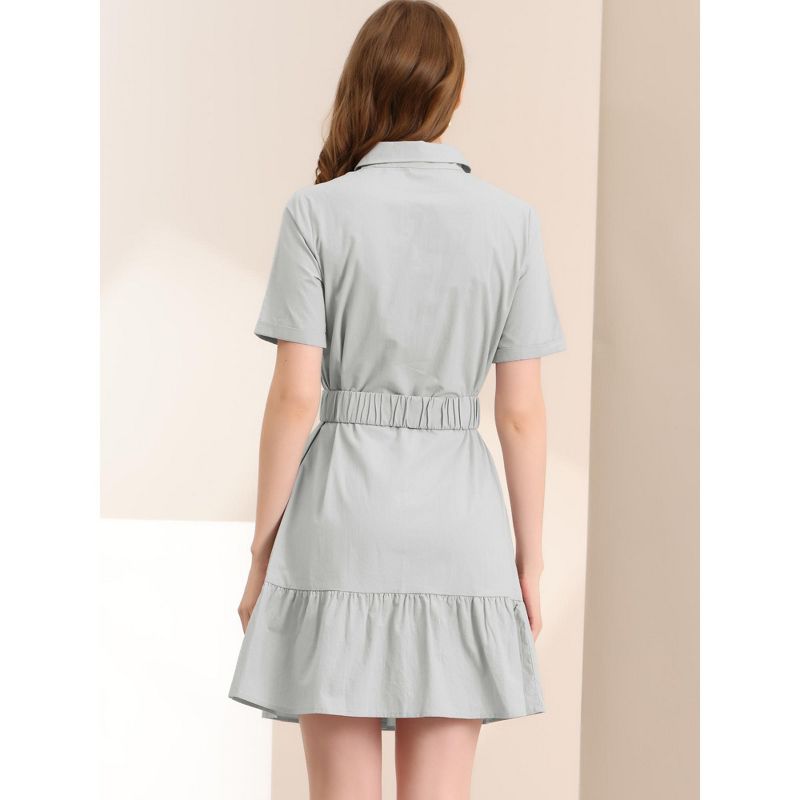 Allegra K Women's Belted Ruffled Hem Button-Down Cotton Safari Shirt Dress, 5 of 6