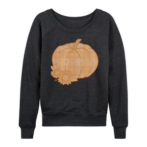 Women's - Instant Message - Muted Plaid Pumpkin Lightweight French Terry Wide Neck Long Sleeve Graphic Shirt - 1 of 4