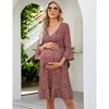 Women's Maternity Fall Casual Smocked 3/4 Long Sleeve Boho Dress V Neck Flowy Ruffle Midi Dress Baby Shower Photoshoot - 4 of 4