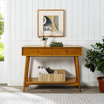Mid-Century Acorn Brown Wood Console Table with Storage
