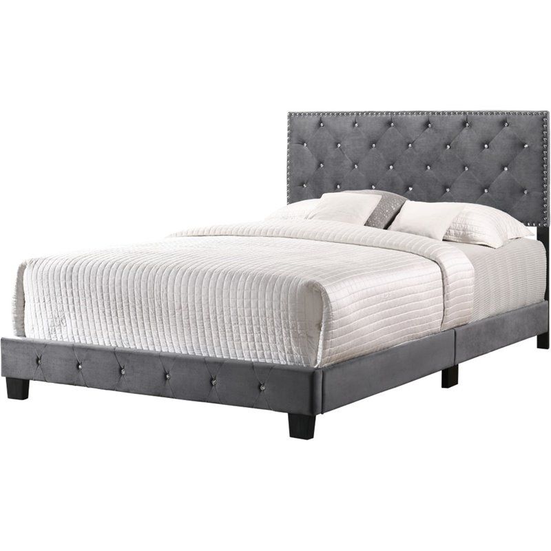 Glory Furniture Suffolk Velvet Upholstered Queen Bed in Gray, 1 of 7