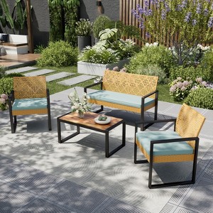 Captiva Designs Outdoor Patio 4 Pieces Wicker Porch Furniture Small Rattan Couch Set with Wood Table for Backyard - 1 of 4