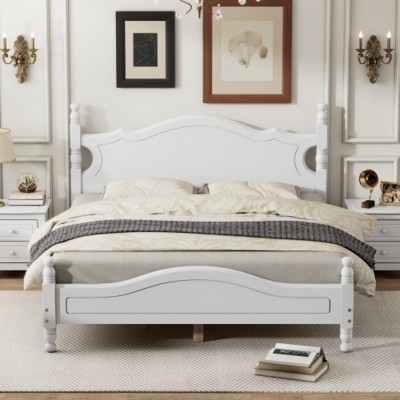 Wood Platform Bed with Retro Design Headboard, Sturdy Pine Frame, No box spring beds, Easy Assembly-Maison Boucle
