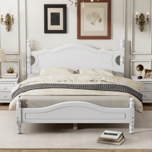 Wood Platform Bed with Retro Design Headboard, Sturdy Pine Frame, No box spring beds, Easy Assembly-Maison Boucle - 1 of 4
