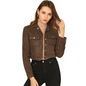INSPIRE CHIC Women's Casual Faux Suede Notched Collar Button Up Cropped Jacket with Pockets - 1 of 4