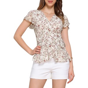 Allegra K Women's Floral Printed V Neck Short Sleeve Tie Waist Wrap Blouse - 1 of 4
