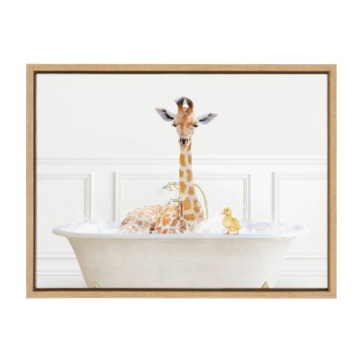 Natural Framed Canvas with Whimsical Giraffe in Bubble Bath Print