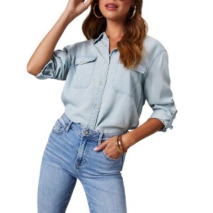 Coolmee Womens Button Down Denim Shirt Long Sleeve Roll Up Casual Oversized Jean Shirt Jacket Distressed Tunic Tops - 1 of 4