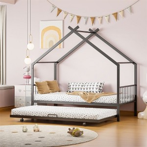 House Bed With Twin Size Trundle, Platform Bed With Metal Slats Support & Roof Design, Metal Bed Frame For Living Room, No Spring Box Needed - 1 of 4