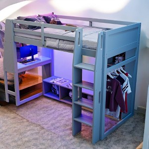 Mshliw Wood Twin Size Gaming Loft Bed with Desk, LED Lighting, Multi-Storage Cabinets, Hanging Clothes Rack, and Guardrails - 1 of 4